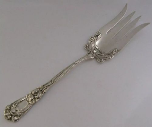 Superb Iris American Sterling Silver Art Nouveau Serving Fork C1900 Antique 100g