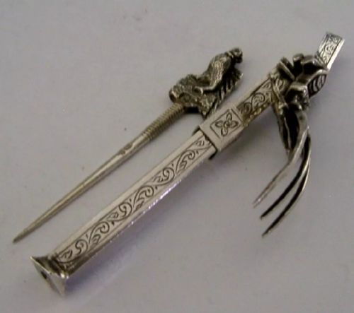 Rare Antique Dutch Solid Silver Folding Travelling Fork & Toothpick 1893