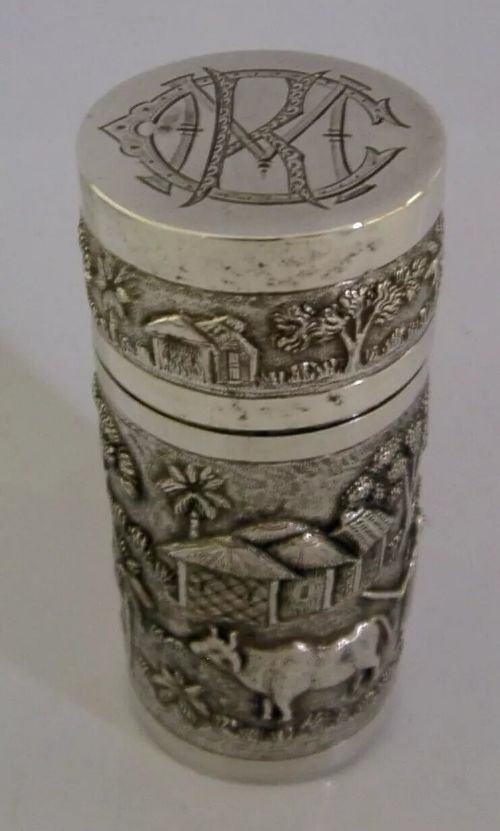 SUPERB INDIAN SOLID SILVER VILLAGE SCENE TUBE BOX c1900 ANTIQUE 70g