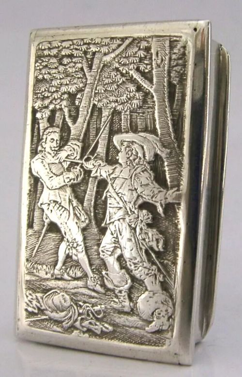 RARE CHARLES HORNER STERLING SILVER SWORD FIGHTING SNUFF BOX 1902 ANTIQUE 56g