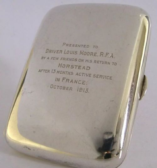 Rare WWI Sterling Silver Presenation Cigarette Case Rfa Horstead 1913 Antique