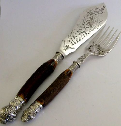 THE BEST ANTIQUE VICTORIAN ANTLER STERLING SILVER SERVING SET 1890 ANTIQUE 416g