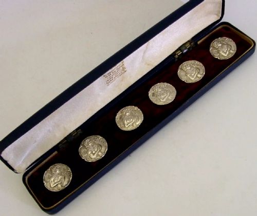 Six Beautiful Sterling Silver Harp Lyre Playing Maiden Buttons 1903 Cased