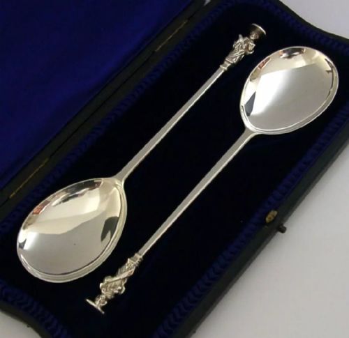 Mint Cased English Apostle Serving Spoons Sterling Silver 1905 Antique 102g