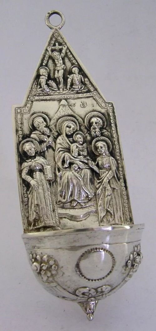 AUSTRO HUNGARY SOLID SILVER HOLY WATER WALL FONT ANTIQUE c1860 RELIGIOUS ANTIQUE