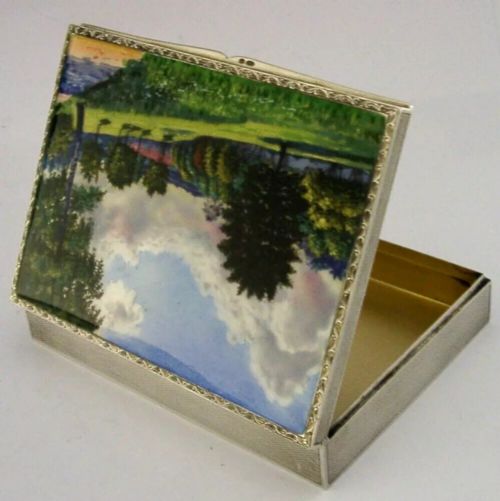 RARE 182G STUNNING STERLING SILVER ENAMEL TABLE JEWELLERY BOX 1927 ANTIQUE - ADDITIONAL PHOTO 1