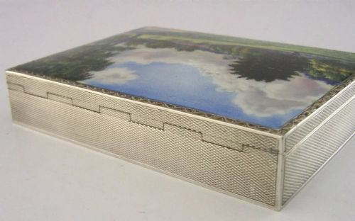 RARE 182G STUNNING STERLING SILVER ENAMEL TABLE JEWELLERY BOX 1927 ANTIQUE - ADDITIONAL PHOTO 9