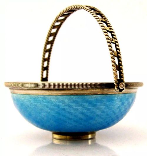 STUNNING ENGLISH SOLID STERLING SILVER ENAMEL SWING HANDLED DISH 1913