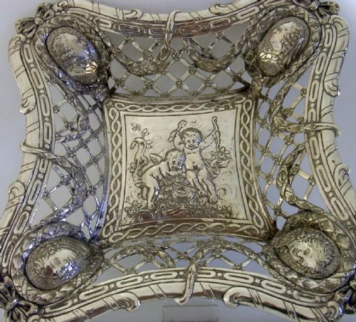 SUPERB HEAVY 360G 800 SOLID SILVER CHERUB DISH BOWL BASKET C1900 HANAU KINGS - ADDITIONAL PHOTO 1
