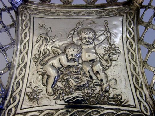 SUPERB HEAVY 360G 800 SOLID SILVER CHERUB DISH BOWL BASKET C1900 HANAU KINGS - ADDITIONAL PHOTO 3