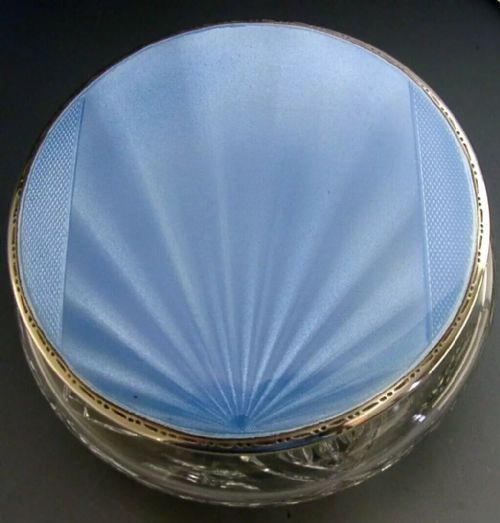 Rare 4 Inch Sterling Silver Blue Enamel Dressing Table Jar Pot 1950 Mint Stunning