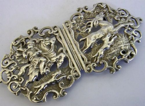 Beautiful 1887 Stag Hunting Cast English Sterling Silver Nursing Belt Buckle