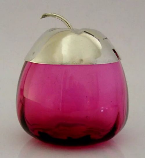 RARE STERLING SILVER CRANBERRY GLASS APPLE CRANBERRY SAUCE POT 1897 CHRISTMAS