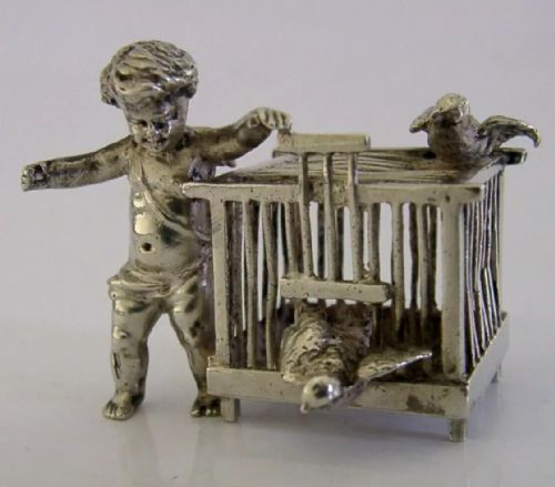Rare German Solid Silver Miniature Cherub & Caged Birds Figure Antique