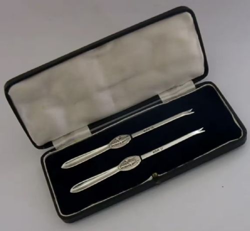 Cased Pair of Sterling Silver Lobster Picks 1924 English Antique Mint