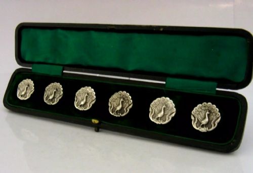 Superb Six English Art Nouveau Sterling Silver Peacock Buttons 1902 Antique Cased