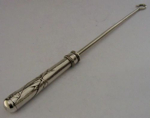 SUPER ALL SILVER CHINESE EXPORT LARGE SILVER BAMBOO BUTTON HOOK 1900 ANTIQUE 64G - ADDITIONAL PHOTO 2