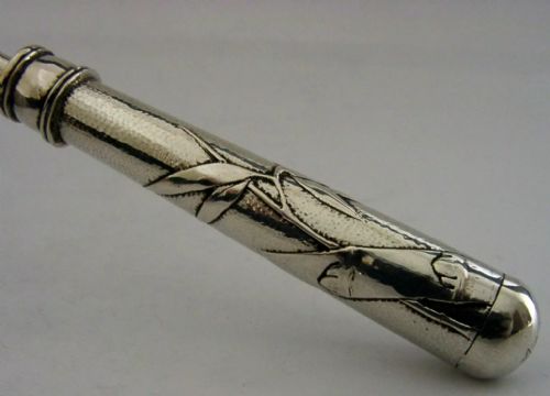 SUPER ALL SILVER CHINESE EXPORT LARGE SILVER BAMBOO BUTTON HOOK 1900 ANTIQUE 64G - ADDITIONAL PHOTO 3