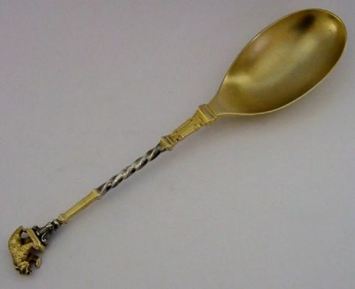 Rare 86g Swiss Solid Silver Gilt Bear Serving Spoon C1900 Antique