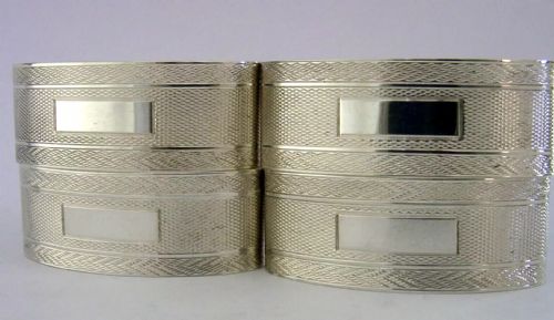 Four English Large 110g Sterling Silver Engine Turned Napkin Rings 1932 Deco