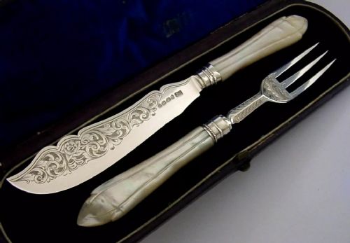Cased Victorian Sterling Silver Mother of Pearl Servers 1864 Antique 104g