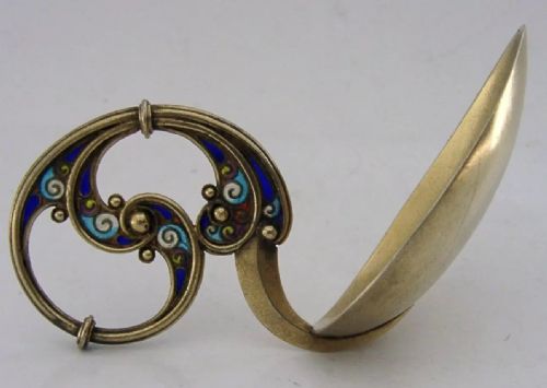 SUPERB STERLING SILVER GILT PLIQUE A JOUR CADDY SPOON C1900 NORWEGIAN ANTIQUE - ADDITIONAL PHOTO 4