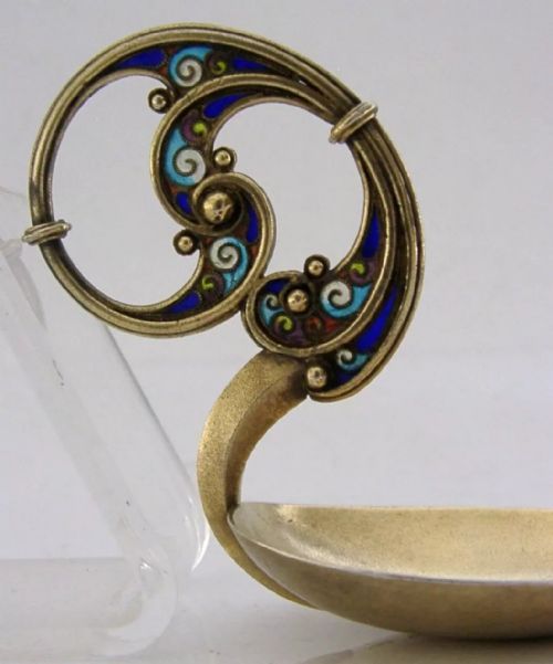 SUPERB STERLING SILVER GILT PLIQUE A JOUR CADDY SPOON C1900 NORWEGIAN ANTIQUE - ADDITIONAL PHOTO 6