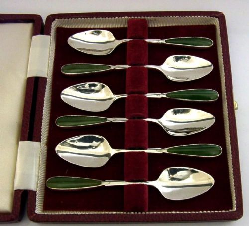 Six Mid Century Modern Sterling Silver Jade Set Spoons C1960 Cased, Chinese ?