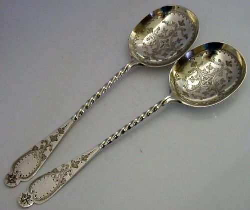 Beautiful Pair of Victorian Solid Sterling Silver Serving Spoons 1884 Antique 90g