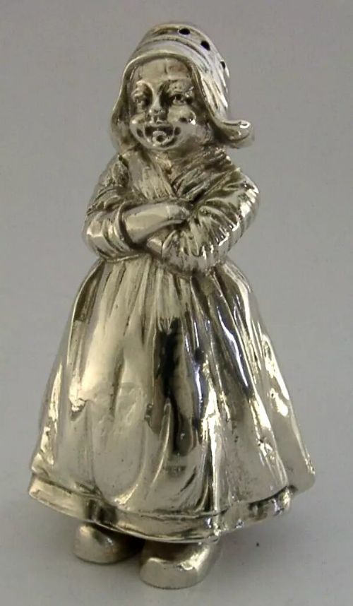 HEAVY RARE ENGLISH IMPORT STERLING SILVER GIRL PEPPER POT 1911 ANTIQUE DUTCH 96g