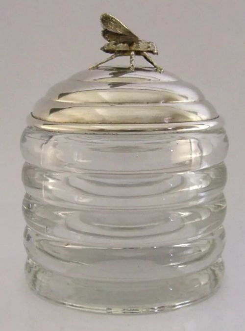 SUPERB AMERICAN STERLING SILVER GLASS BEE HONEY JAR POT c1950 STYLISH 428g