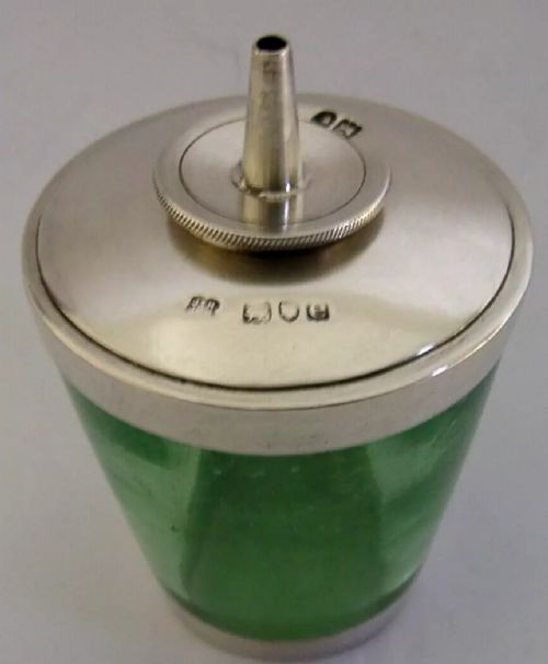 RARE 1900 STERLING SILVER GREEN GLASS TABLE CIGAR LIGHTER VICTORIAN ANTIQUE