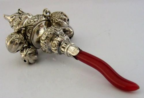 Rare English Victorian Sterling Silver Baby Rattle Whistle Teether 1888 Antique