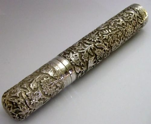 superb 150g indian solid silver document holder box tube tc1900 desk antique - CATEGORY: ANTIQUE SILVER - DATED 1900