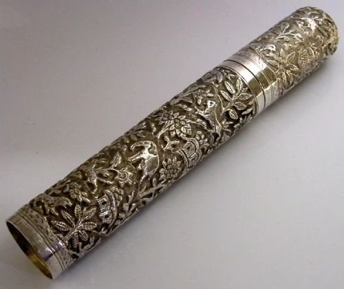 SUPERB 150G INDIAN SOLID SILVER DOCUMENT HOLDER BOX TUBE TC1900 DESK ANTIQUE - ADDITIONAL PHOTO 5
