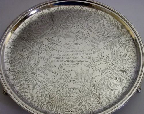 HARTHILL YORKSHIRE CRICKET CLUB STERLING SILVER TRAY SALVER 1878 ANTIQUE 530G - ADDITIONAL PHOTO 4