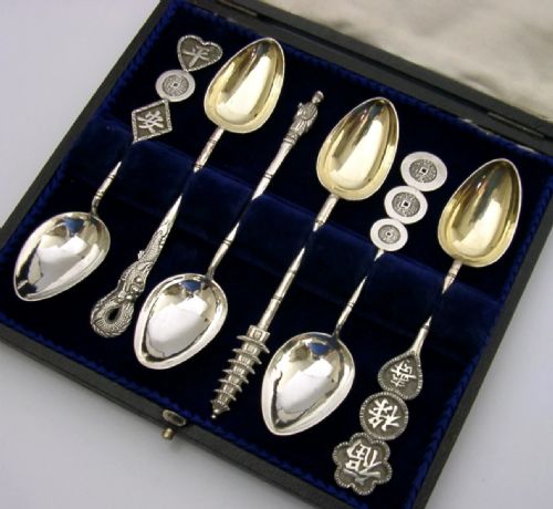 superb set of six chinese export solid silver spoons c1920 antique cased - CATEGORY: ANTIQUE SILVER - DATED 1920