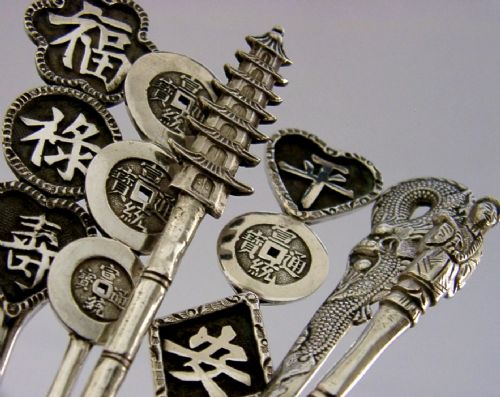 SUPERB SET OF SIX CHINESE EXPORT SOLID SILVER SPOONS C1920 ANTIQUE CASED - ADDITIONAL PHOTO 3
