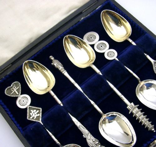 SUPERB SET OF SIX CHINESE EXPORT SOLID SILVER SPOONS C1920 ANTIQUE CASED - ADDITIONAL PHOTO 5