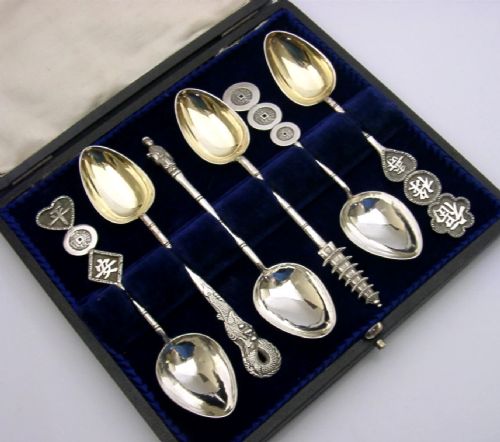 SUPERB SET OF SIX CHINESE EXPORT SOLID SILVER SPOONS C1920 ANTIQUE CASED - ADDITIONAL PHOTO 6