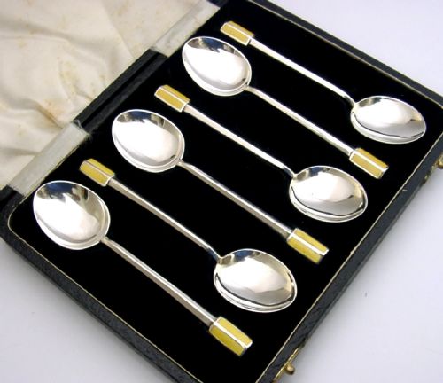 SIX STYLISH ART DECO CASED STERLING SILVER YELLOW ENAMEL SPOONS 1932 - ADDITIONAL PHOTO 1