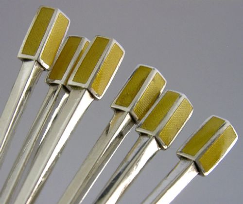 SIX STYLISH ART DECO CASED STERLING SILVER YELLOW ENAMEL SPOONS 1932 - ADDITIONAL PHOTO 2