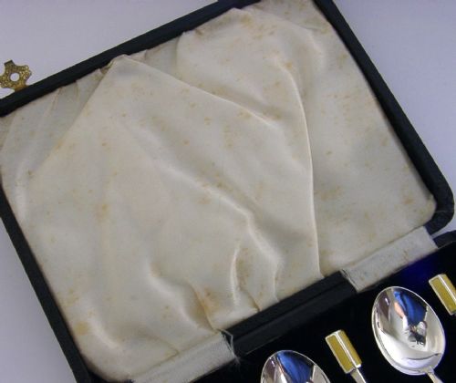 SIX STYLISH ART DECO CASED STERLING SILVER YELLOW ENAMEL SPOONS 1932 - ADDITIONAL PHOTO 7