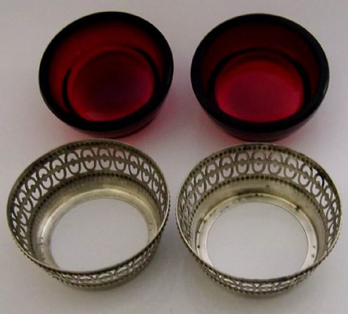 PRETTY AMERICAN STERLING SILVER CRANBERRY SALT CELLARS C1900 ANTIQUE 68G - ADDITIONAL PHOTO 5
