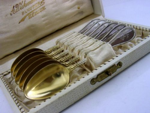six german cased 800 solid silver gilt spoons c1930 art deco 80g - CATEGORY: ANTIQUE SILVER - DATED 1930