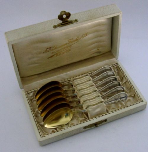 SIX GERMAN CASED 800 SOLID SILVER GILT SPOONS C1930 ART DECO 80G - ADDITIONAL PHOTO 2
