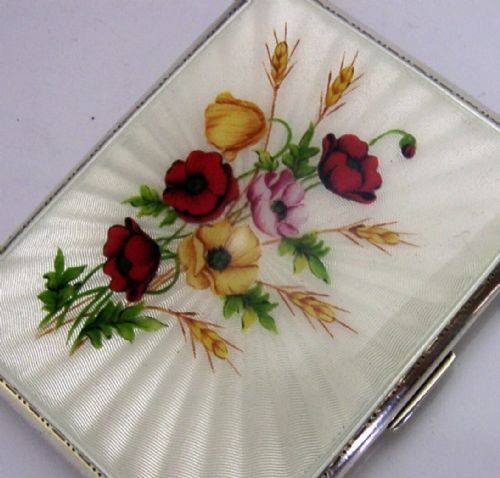 SUPERB STERLING SILVER ENAMEL HAND PAINTED POPPIES FLOWER CIGARETTE CASE 1961 - ADDITIONAL PHOTO 2