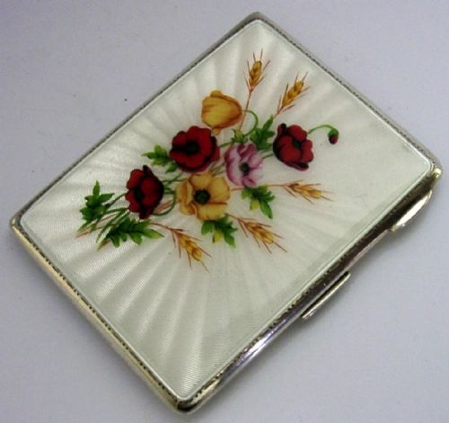 SUPERB STERLING SILVER ENAMEL HAND PAINTED POPPIES FLOWER CIGARETTE CASE 1961 - ADDITIONAL PHOTO 4