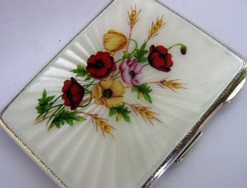 SUPERB STERLING SILVER ENAMEL HAND PAINTED POPPIES FLOWER CIGARETTE CASE 1961 - ADDITIONAL PHOTO 5