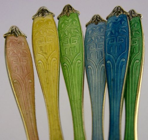 STUNNING SET OF SIX STERLING SILVER GILT ENAMELLED SPOONS 1957 CASED - ADDITIONAL PHOTO 2